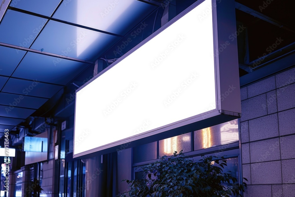 Poster a large white sign hanging from the side of a building. this versatile image can be used for a varie