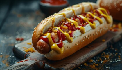 Delicious grilled hotdog with ketchup and mustard 