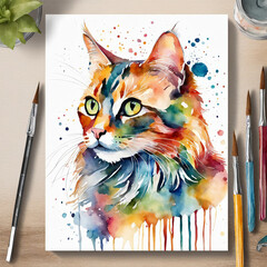 This is a vibrant watercolor painting of a cat’s face, with intense green eyes and detailed fur pattern, surrounded by splashes of various colors. The main focus is on the cat’s face.