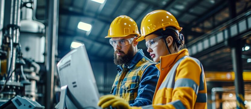 A determined blue-collar worker and skilled engineer, clad in protective workwear, analyze plans on a computer amidst the bustling indoor construction site, their hard hats and goggles a symbol of th
