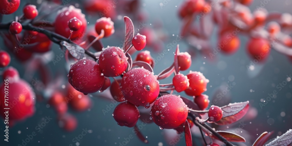 Poster a close-up view of a bunch of berries on a tree. this image can be used to depict the beauty of natu