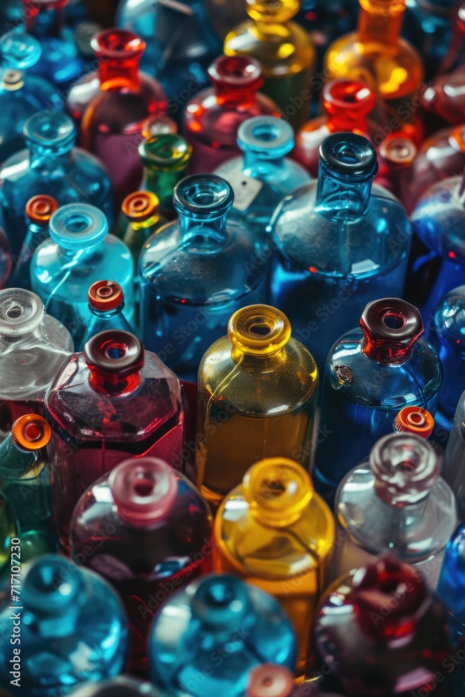 Poster A pile of various colored bottles stacked on top of each other. Suitable for creative projects and designs