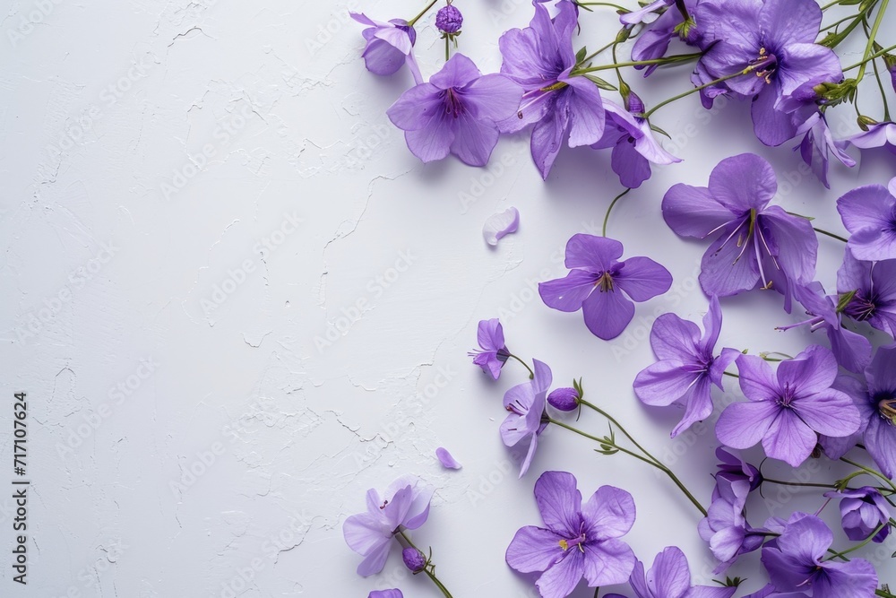 Poster a beautiful bunch of purple flowers arranged on a clean white surface. perfect for adding a touch of