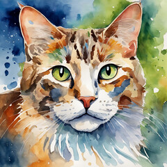 This is a vibrant watercolor painting of a cat’s face, with intense green eyes and detailed fur pattern, surrounded by splashes of various colors. The main focus is on the cat’s face.