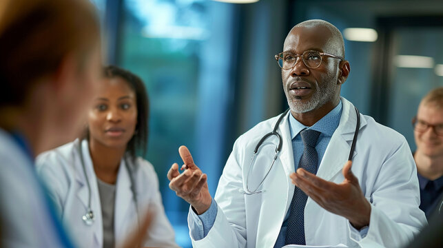 An authoritative and fashion-forward doctor leading a medical discussion in a modern conference room, surrounded by colleagues, underlining the importance of leadership and style i