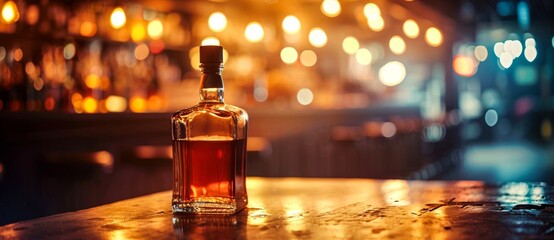A lone bottle of whiskey stands tall, its golden liquid illuminated by the dim bar lights, beckoning to be poured into a glass for a night of indulgence