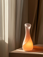 A gracefully curved modern lamp beside elegant drapery, creating a peaceful atmosphere.
