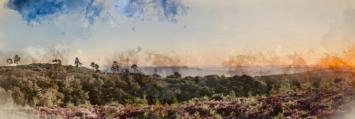 Digital watercolour painting of Stunning late Summer evening sunset with vibrant colours in South Downs National Park UK