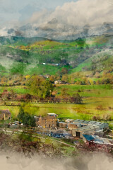 Fototapeta na wymiar Digital watercolour painting of Stunning English countrysdie landscape in Peak District National Park during Autumn Fall