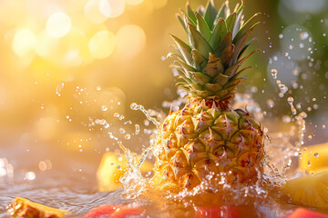 Pineapple in Refreshing Water, Isolated on White Background, Representing a Tropical, Fresh, and Healthy Fruit Concept