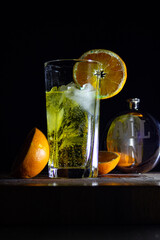 orange juice in glass and energy drink 