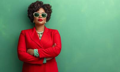 Bold Fashionista in Red Power Suit, Retro Sunglasses, Statement Necklace, Green Backdrop - obrazy, fototapety, plakaty