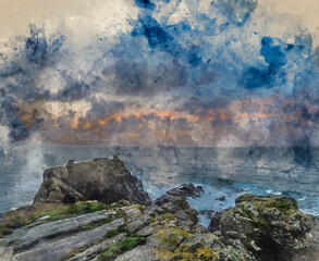 Digital watercolour painting of Beautiful dramatic Summer dawn over Lizard Point in Cornwall UK with lovely glowing sky and clouds