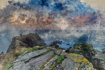 Obraz premium Digital watercolour painting of Beautiful dramatic Summer dawn over Lizard Point in Cornwall UK with lovely glowing sky and clouds