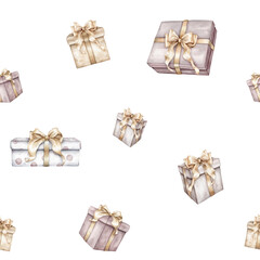 Seamless pattern Happy Birthday Watercolor. Hand drawn collection with gift boxesfor baby shower in cute pastel colors on isolated background. Minimal Illustration with presents for party