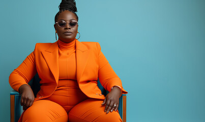 Woman in Monochromatic Orange Suit Seated Against Teal Background, Bold Fashion Statement