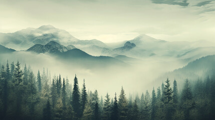 Obraz premium Misty fogly mountain landscape with fir forest in vintage style