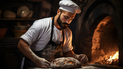 person in a factory. chef preparing dough, baker working with bread at kitchen near hot oven