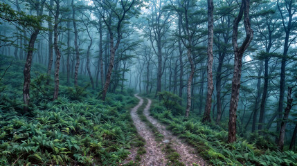 Fototapeta premium Misty Forest Path with Fern Undergrowth