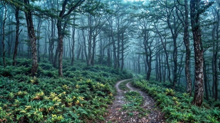 Misty Forest Path with Fern Undergrowth