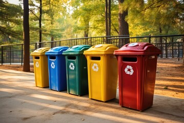 A row of colorful recycling bins in a clean street in a park with trees. 