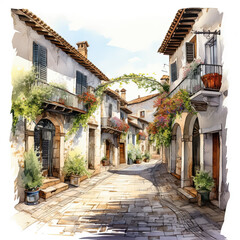 Fototapeta na wymiar A street in the old Mediterranean town. Watercolor illustration.