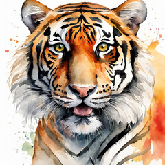 This is a vibrant watercolor painting of a tiger's face that shows vivid and exciting details. The tiger has striking yellow-green eyes that are full of intensity.