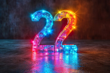 Number 22 - colorful glowing outline alphabet symbol on blue lens flare dark background