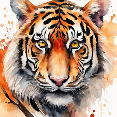 This is a vibrant watercolor painting of a tiger's face that shows vivid and exciting details. The tiger has striking yellow-green eyes that are full of intensity.