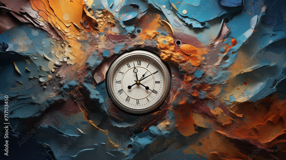 Wall mural abstract artistic rendition of a clock exploding with a dynamic blend of colors and textures, symbol