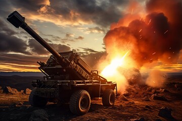Wide poster. military battalion defense system firing missiles in special operation