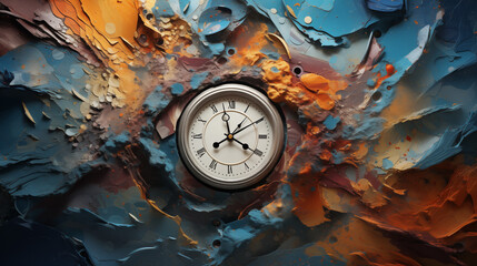 Abstract artistic rendition of a clock exploding with a dynamic blend of colors and textures, symbolizing chaotic temporal flow - obrazy, fototapety, plakaty