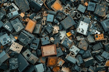 A landfill full of old broken electronic items, environmental issues of e-waste