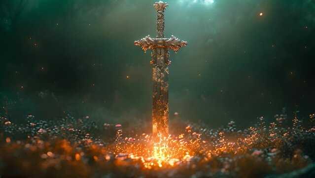 Magical metal sword in the ground with sparks. mysterious and magical photo of silver sword with fire flames over Gothic snowy black background. Medieval period concept. Strong glowing sword fantasy m