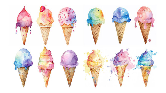 watercolor illustration with grungy texture, cute ice cream cone, three set isolated on white background, idea for junk journal design. Generative Ai