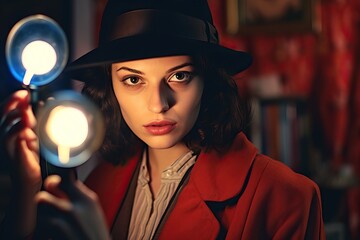 Vintage Detective Story: Woman Illuminates with Flashlight