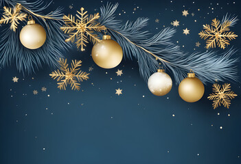 Winter background with pine branches on dark blue background.