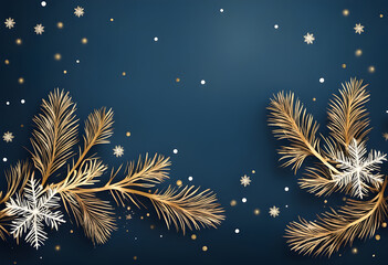 Winter background with pine branches on dark blue background.