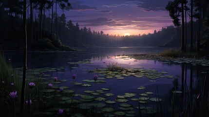 swamp at dusk, with a focus on capturing the serene and mysterious atmosphere, dark purple flowers into the scene for added visual intrigue.