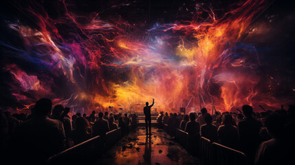 Enigmatic orchestral performance infused with a cosmic explosion of color, symbolizing the universal language of music uniting all. - obrazy, fototapety, plakaty