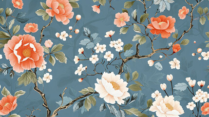 Bloom. Vintage floral Chinoiserie pattern. Spring flowers. muted colors