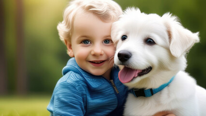little child with a dog. Portrait of a curly child with his favorite pet, a cheerful little white  dog.
