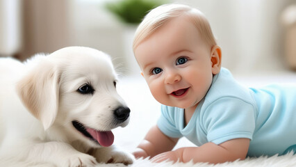 baby and puppy. Portrait of a baby with his favorite pet, a cheerful little white dog.