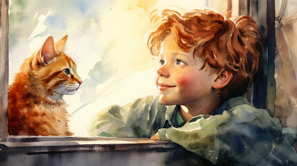Two red-haired friends - a boy and a cat - are sitting on the windowsill near the open window. Watercolor storybook illustration. - obrazy, fototapety, plakaty
