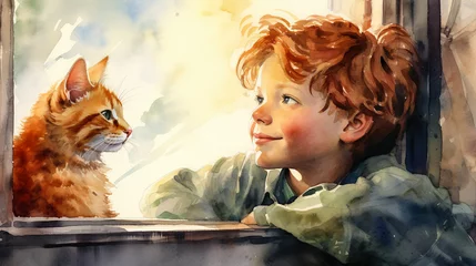 Gordijnen Two red-haired friends - a boy and a cat - are sitting on the windowsill near the open window. Watercolor storybook illustration. © milicenta