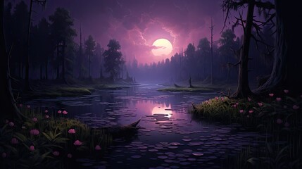 swamp at dusk, with a focus on capturing the serene and mysterious atmosphere, dark purple flowers into the scene for added visual intrigue. - obrazy, fototapety, plakaty