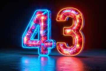Number 43 - colorful glowing outline alphabet symbol on blue lens flare dark background - obrazy, fototapety, plakaty