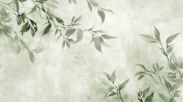 Tree leaves on a grunge texture background, wallpaper for interiors. green wallpaper for interior