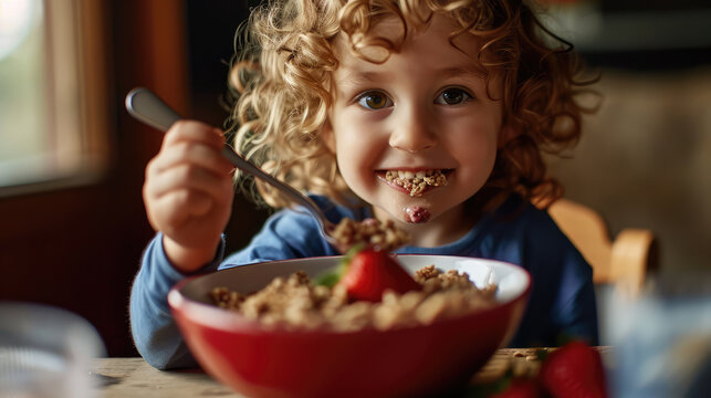 Child eating a&ccedil;a&iacute; in bowl with crunchy granola and fresh fruits smearing himself with fun.