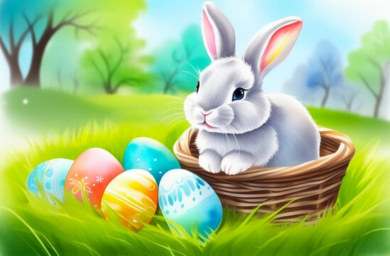 A cute gray bunny in the basket among colorful Easter eggs on a bright sunny day.